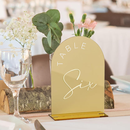 Gold Mirror Arched Wedding Table Number