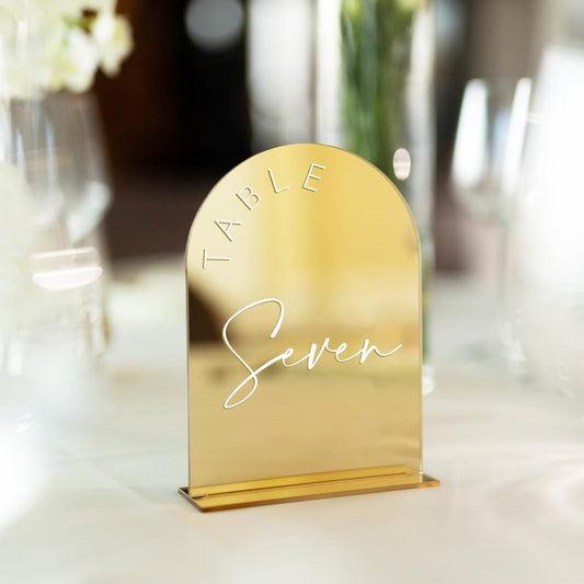 Gold Mirror Arched Wedding Table Number
